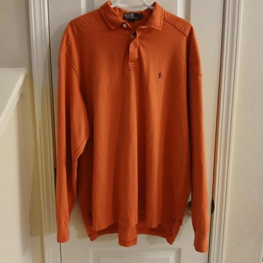 Vintage 90s Polo Ralph Lauren Orange Rugby Long-Sleeve Shirt Padded Elbows XL